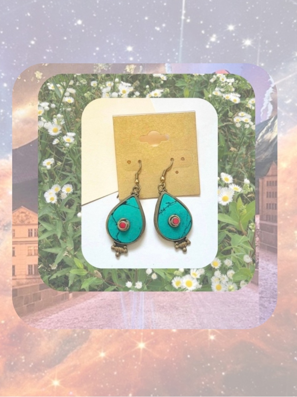 🏷️ boho oval shaped turquoise & red stone dangling earrings